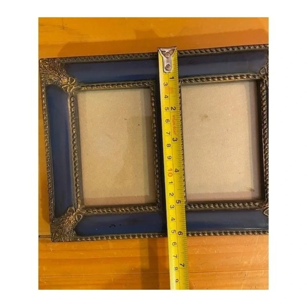 Vintage Blue and Gold Double Photo Frame 2-Opening Tabletop Wall Mount 8x6